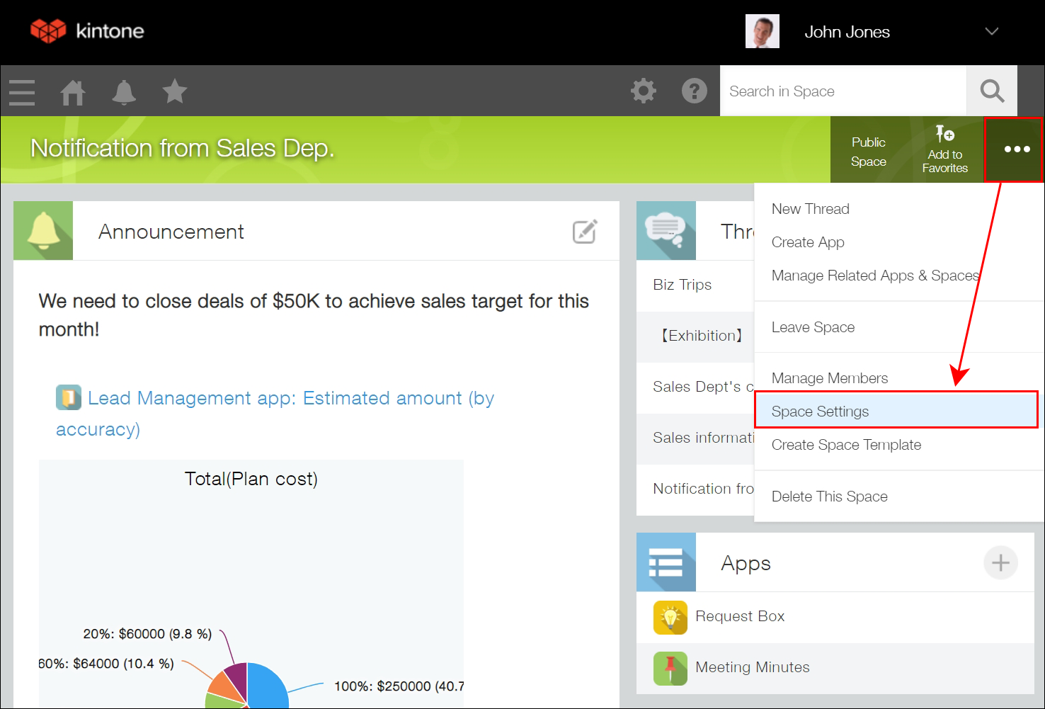 Screenshot: Clicking the "Options" icon and then "Space settings"