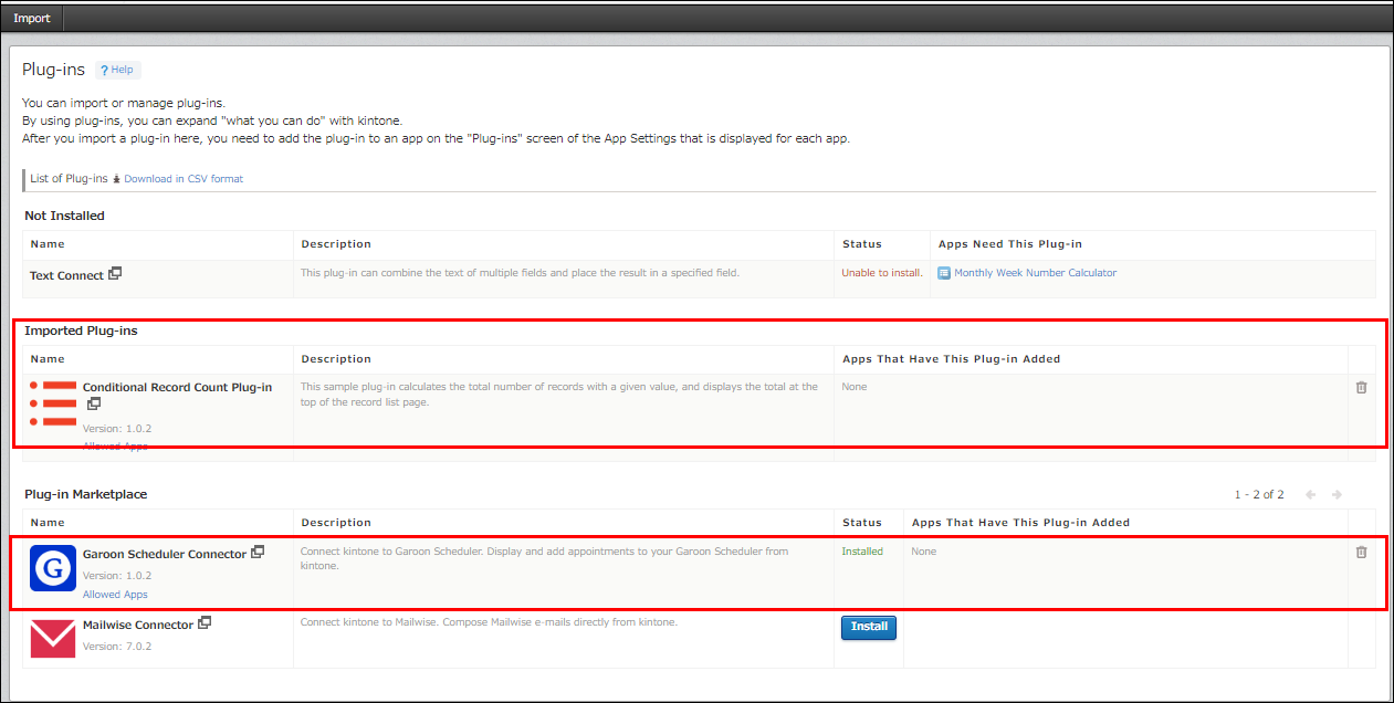 Screenshot: On the "Plug-ins" screen, plug-ins under "Imported Plug-ins" and plug-ins under "Plug-in Marketplace" with the "Installed" status are highlighted in red