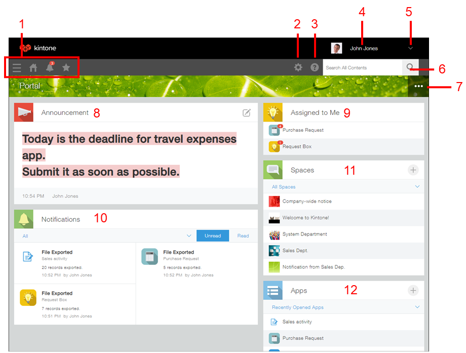 Screenshot: Parts of Portal labeled from 1 to 12
