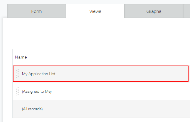 Screenshot: "My Application List" is highlighted in the "Name" section of the "Views" tab