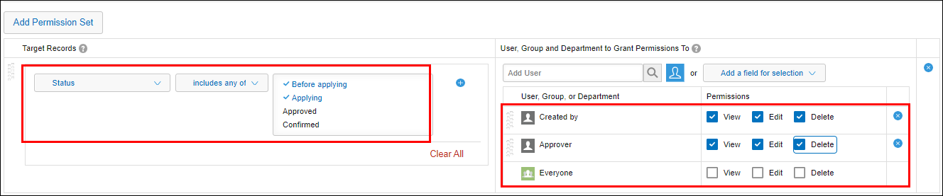 Screenshot: The "Target records" section and "Created by", "Approver", and "Everyone" in the "User, group and department to grant permissions to" section are highlighted on the "Permissions for records" screen