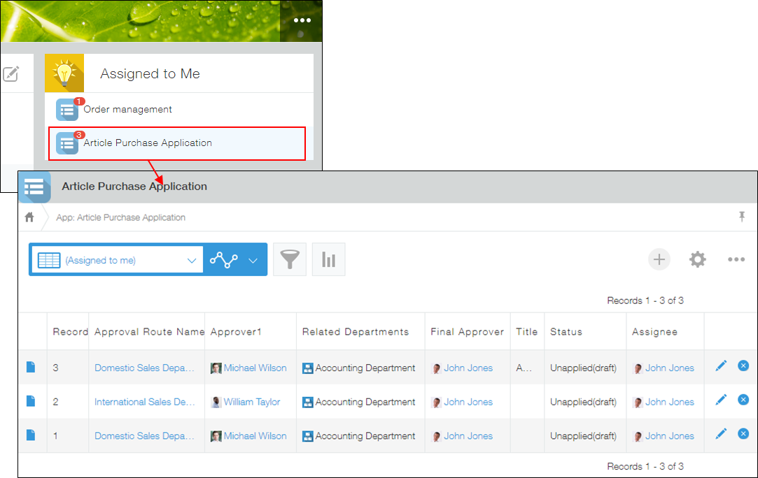 Screenshot: An app in the "Assigned to me" section of portal is highlighted, and an arrow points from it to the opened app screen
