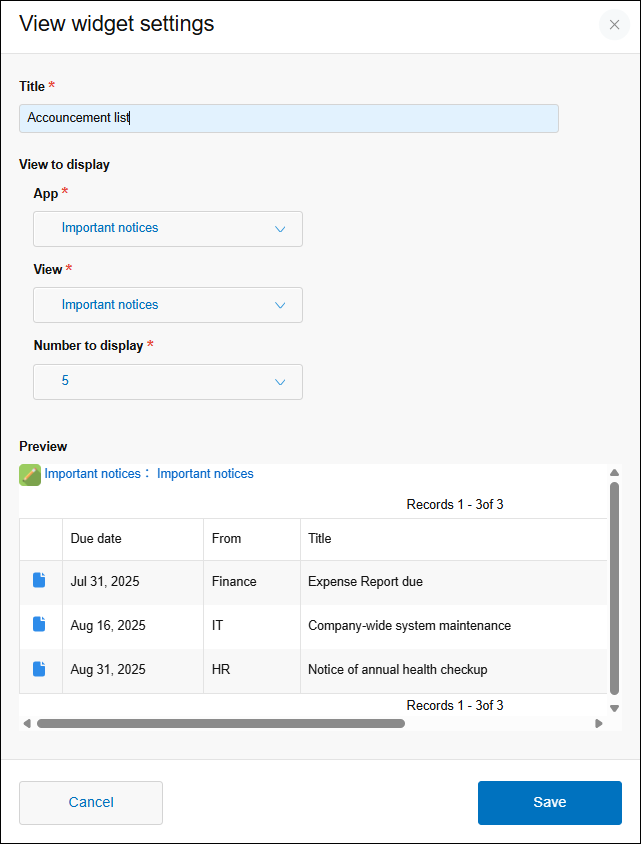 Screenshot: The "View widget settings" screen