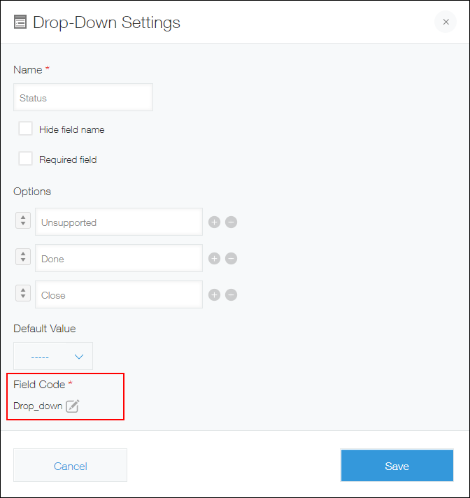 Screenshot: The "Field code" section is highlighted in a "Drop-down settings" dialog