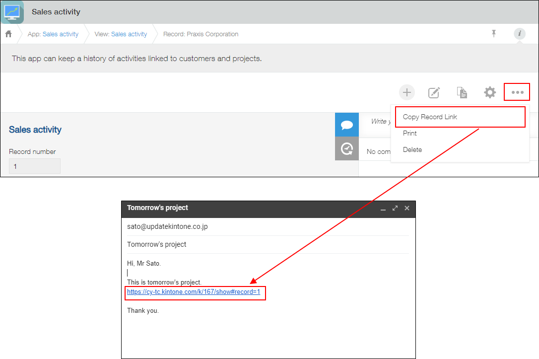 Screenshot: Image of pasting the URL of a record into an email