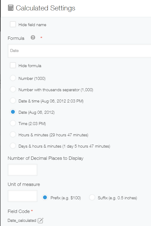 Screenshot: Example of settings for a "Calculated" field