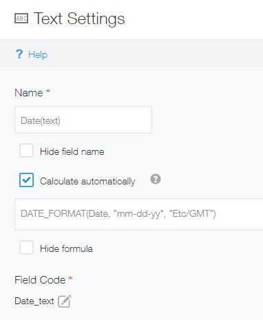 Screenshot: Example of settings for a "Text" field
