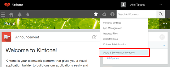 Screenshot: "Users & system administration" is outlined on Portal