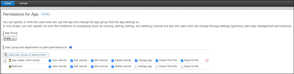 Screenshot: the screen where the Permissions for App setting is configured in accordance with the table below