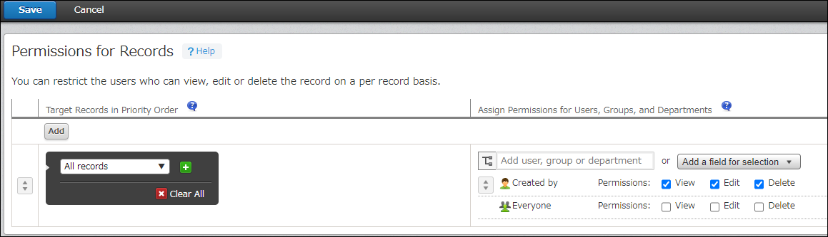 Screenshot: the screen where the Permissions for Records setting is configured in accordance with the table below