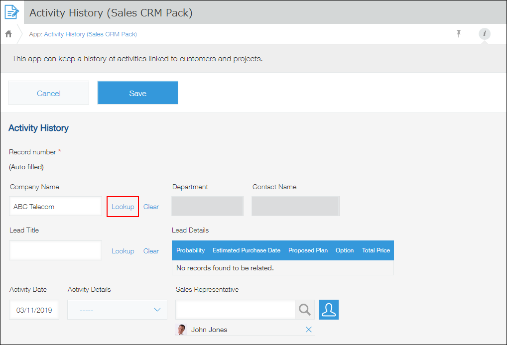 Screenshot: Retrieving the customer's department and contact person