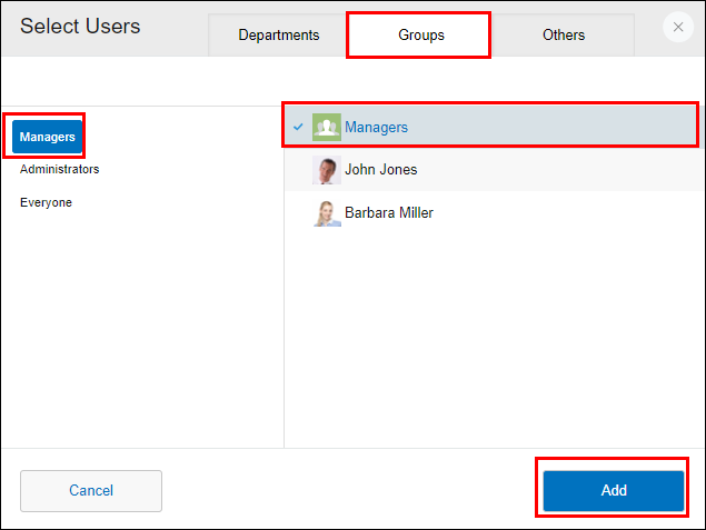 Screenshot: On the "Select users" dialog, the "Groups" tab, "Managers" role, and "Add" button are outlined