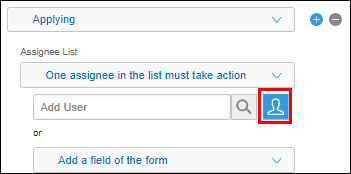 In the "Process management" settings, the "Select users from departments or groups" icon to the right of the "Assignee list" search box is outlined