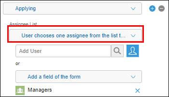 Screenshot: "User chooses one assignee from the list to take action" is outlined in the "Assignee list" drop-down in the "Process management" settings