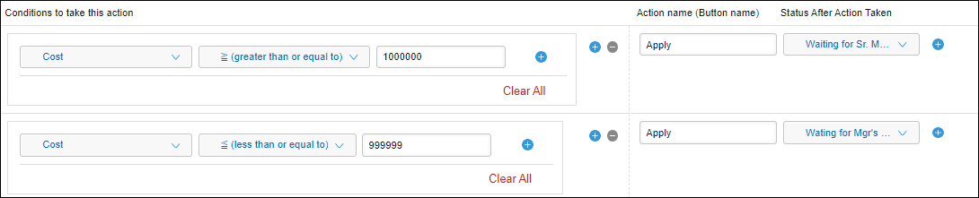 Screenshot: An example of "Conditions to take this action" settings