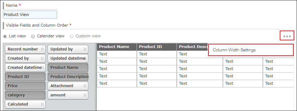 Screenshot: Navigating to and clicking the "Column width settings" icon