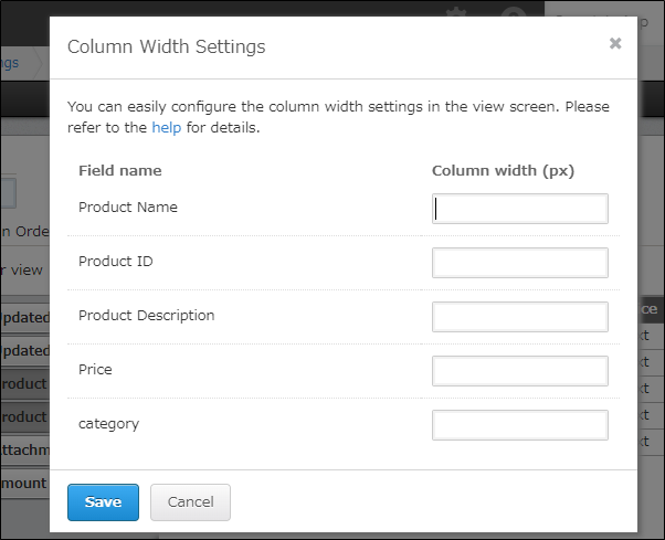 Screenshot: The "Column width settings" dialog is displayed