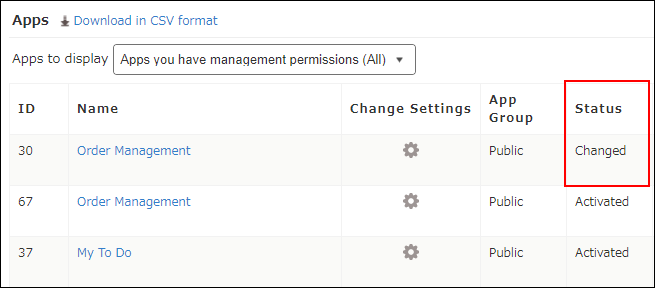 Screenshot: Status is highlighted on the "App management" screen
