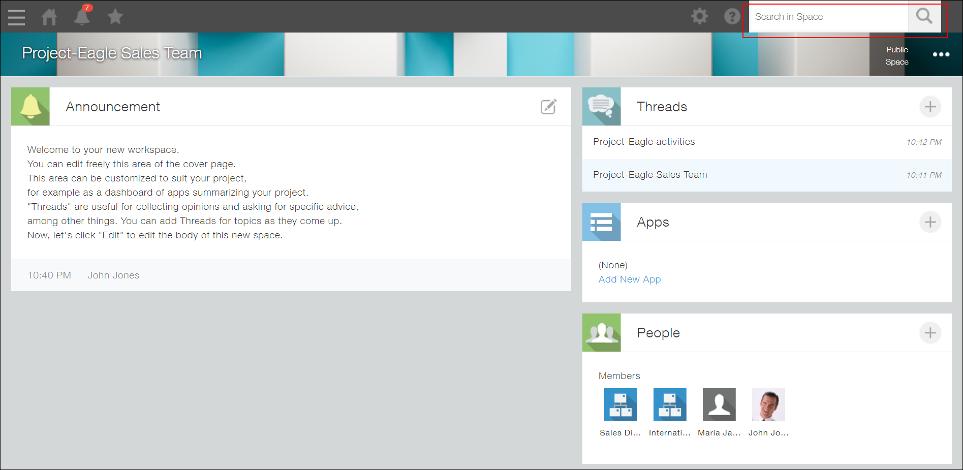 Screenshot: The search box in a space is highlighted