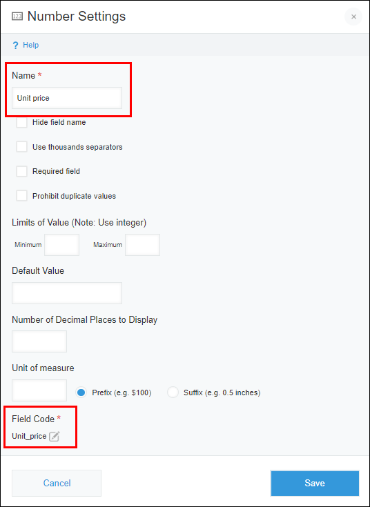 Screenshot: The "Name" and "Field code" sections are outlined in red on the "Number settings" screen
