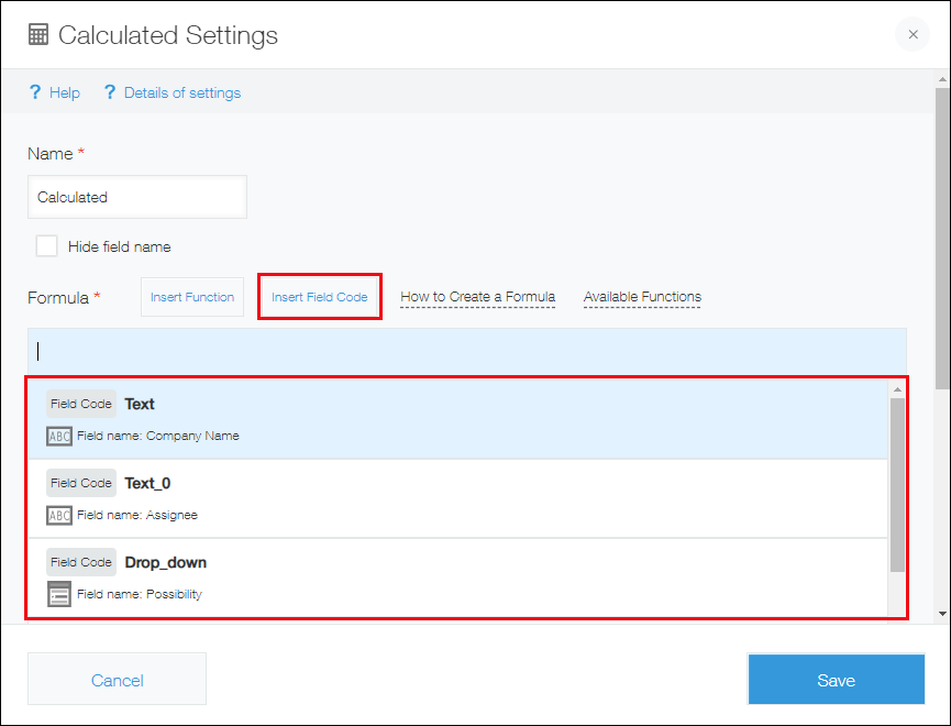 Screenshot: The screen for setting a formula. The "Insert field code" button and a list of field codes are outlined in red.