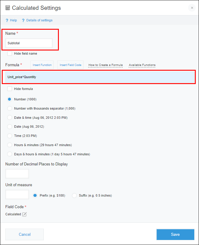 Screenshot: The "Name" and "Field code" sections are outlined in red on the "Calculated settings" screen
