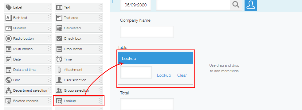 Screenshot: A "Lookup" field being placed in a table in the right-hand area of the "Form" tab in app settings