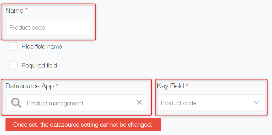 Screenshot: On the "Lookup settings" screen, the "Name", "Datasource app", and "Key field" sections are highlighted