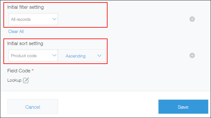 Screenshot: On the "Lookup settings" screen, the "Initial filter setting" and "Initial sort setting" sections are highlighted