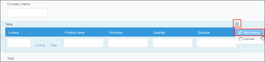Screenshot: The "Field settings" icon of a table and "Table settings" are highlighted