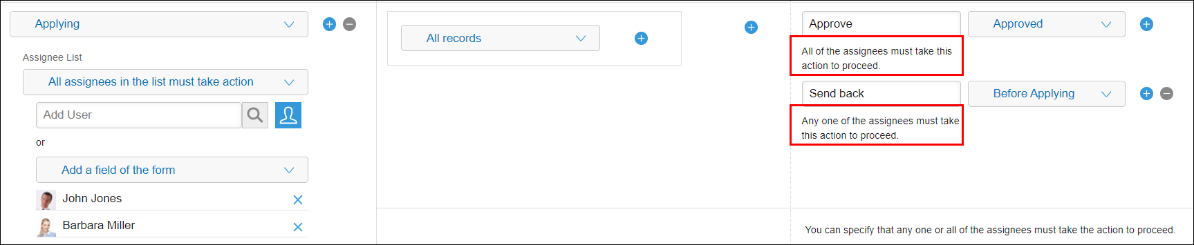 Screenshot: An input field for the action that must be performed by one of the assignees is added on the screen