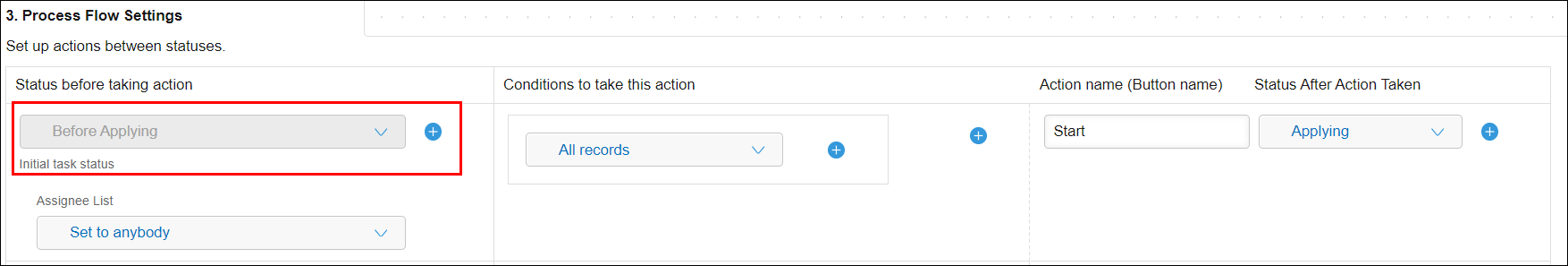 Screenshot: "Status before taking action" is highlighted