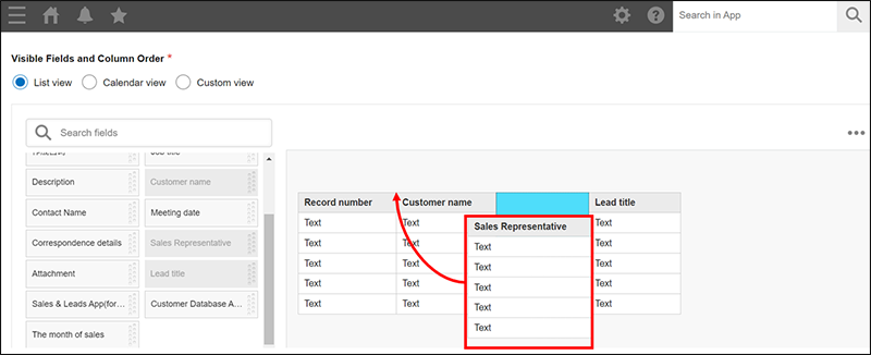 Screenshot: Fields are being reordered on the "View" screen