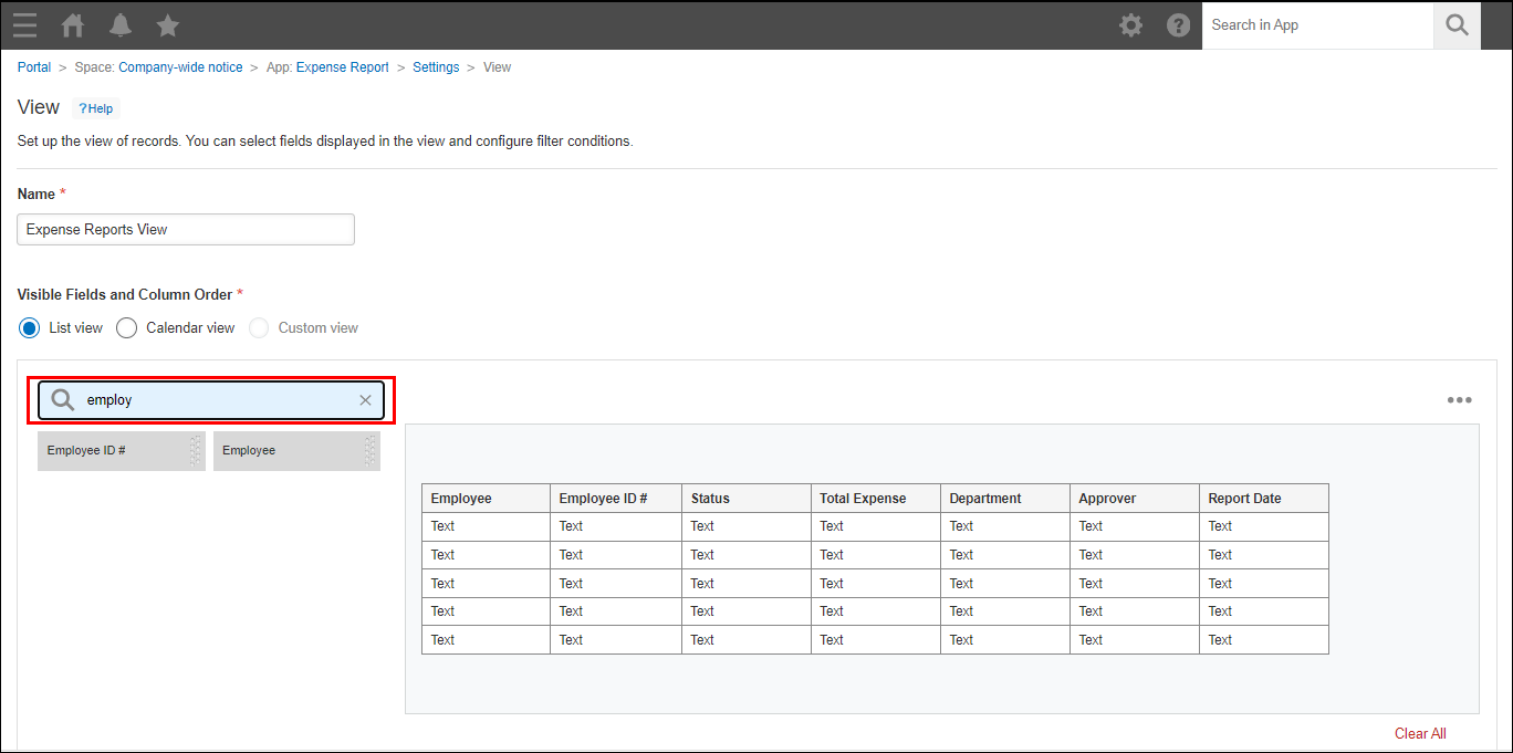 Screenshot: The field search box on the "View" settings screen is highlighted