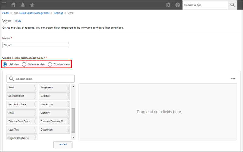 Screenshot: The options in the "Visible fields and column order" section are outlined in red