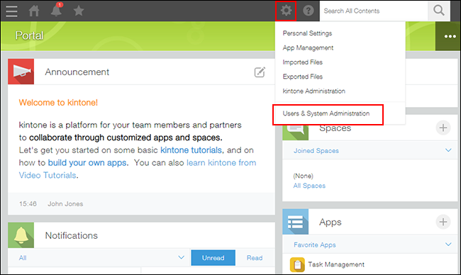 Screenshot: "Users & system administration" in the "Settings" menu is outlined in red
