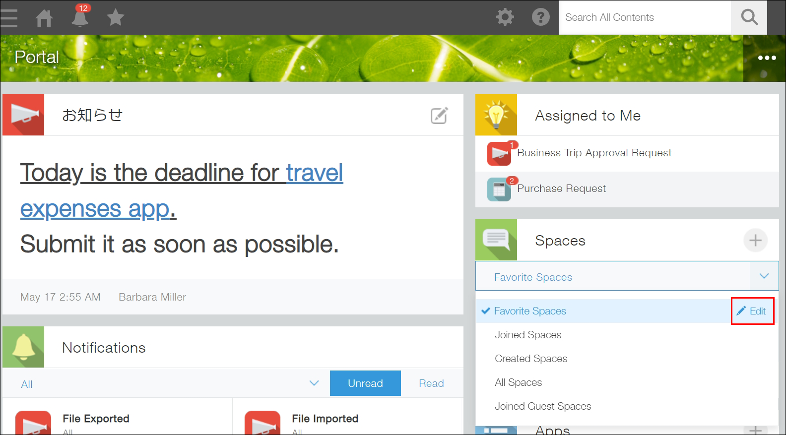 Screenshot: The "Edit" icon for "Favorite Spaces" is highlighted