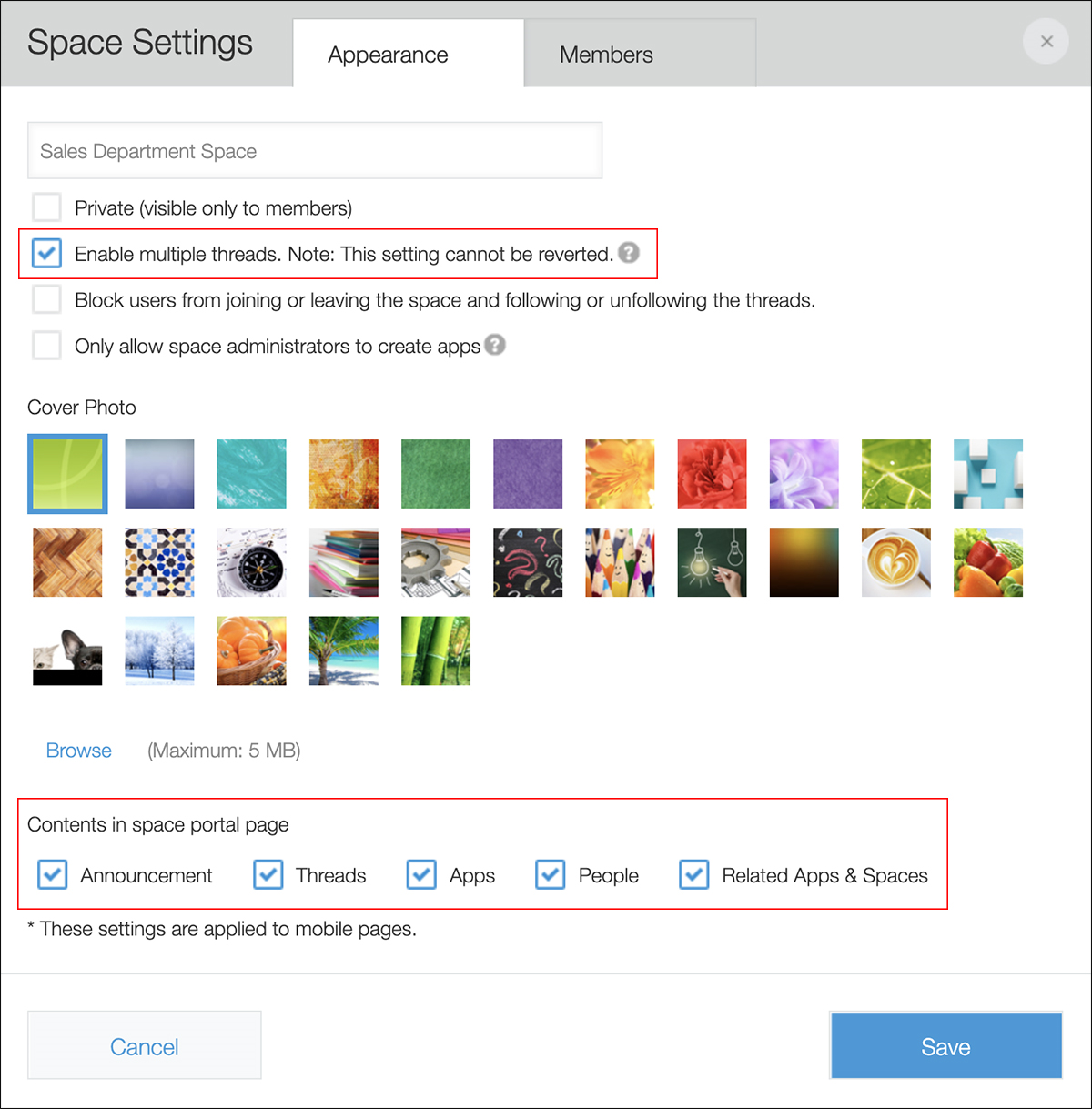 Screenshot: The "Enable multiple threads" and "Contents in space portal page" settings are enabled on the "Space settings" dialog