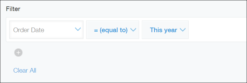 Screenshot: In the "Filter" section of the "Create graph" screen, "Order Date", "= (equal to)", and "This year" are selected