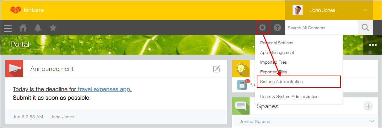 Screenshot: Clicking "kintone administration"