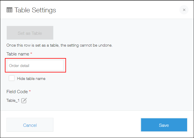 Screenshot: Entering a table name