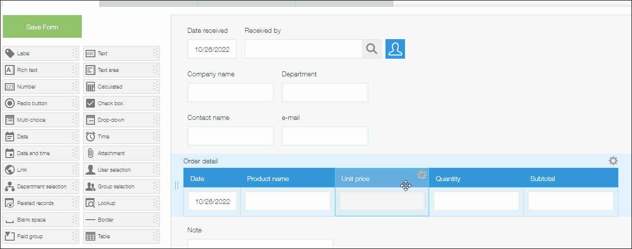 Screenshot: Changing the order of the fields inside a table