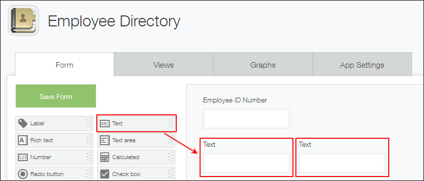 Screenshot: A "Text" field is placed on a form