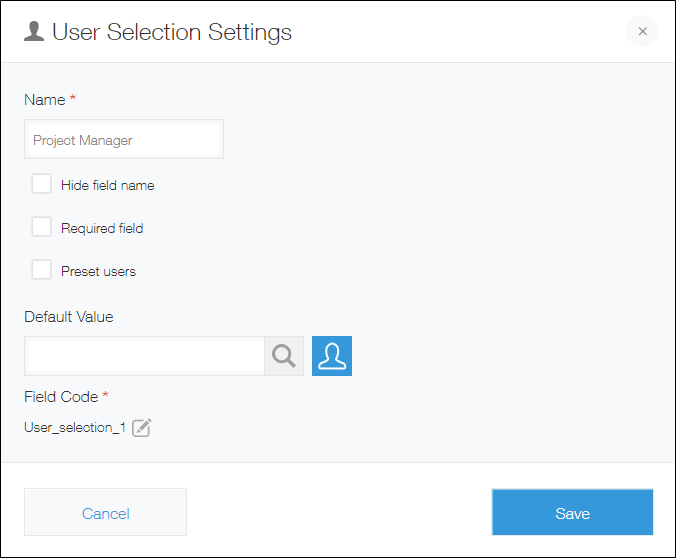 Screenshot: The settings screen of a "User selection" field