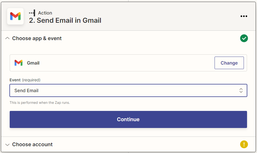 Screenshot: "Send Email" is selected under "Event"