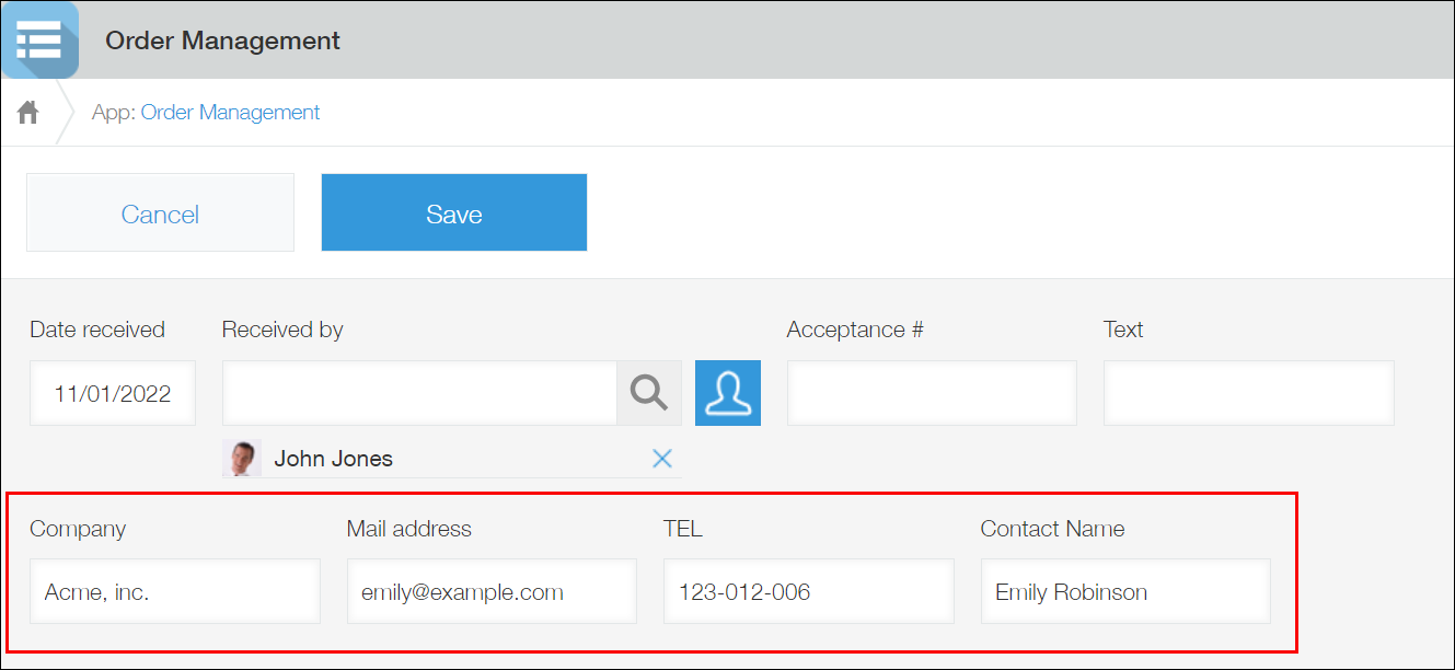 Screenshot: Values are being entered manually in fields on the "New record" screen