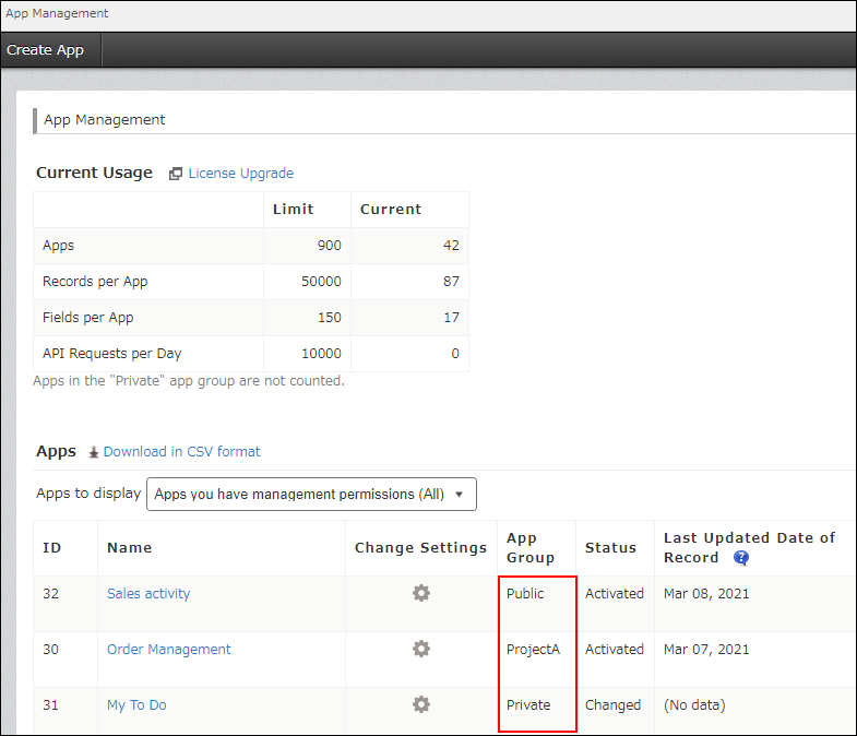 Screenshot: The "App management" screen