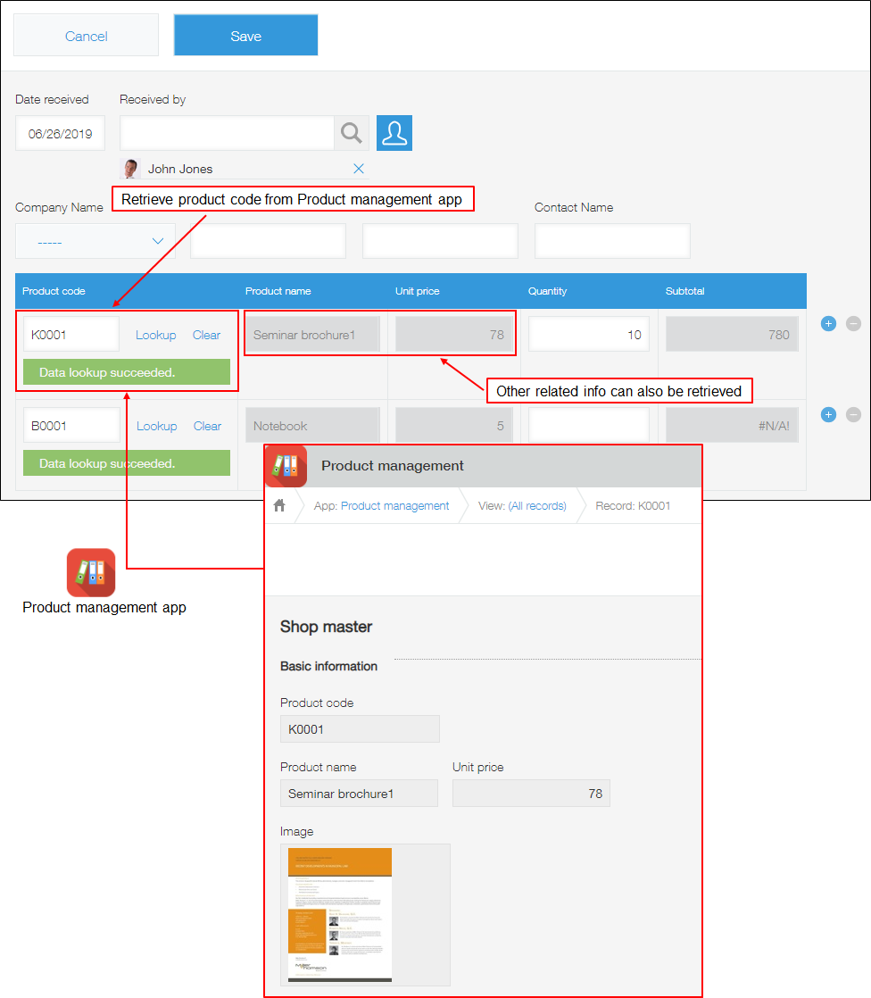 Screenshot: An example of using a lookup in an "Order management" app to retrieve information from a "Product management" app