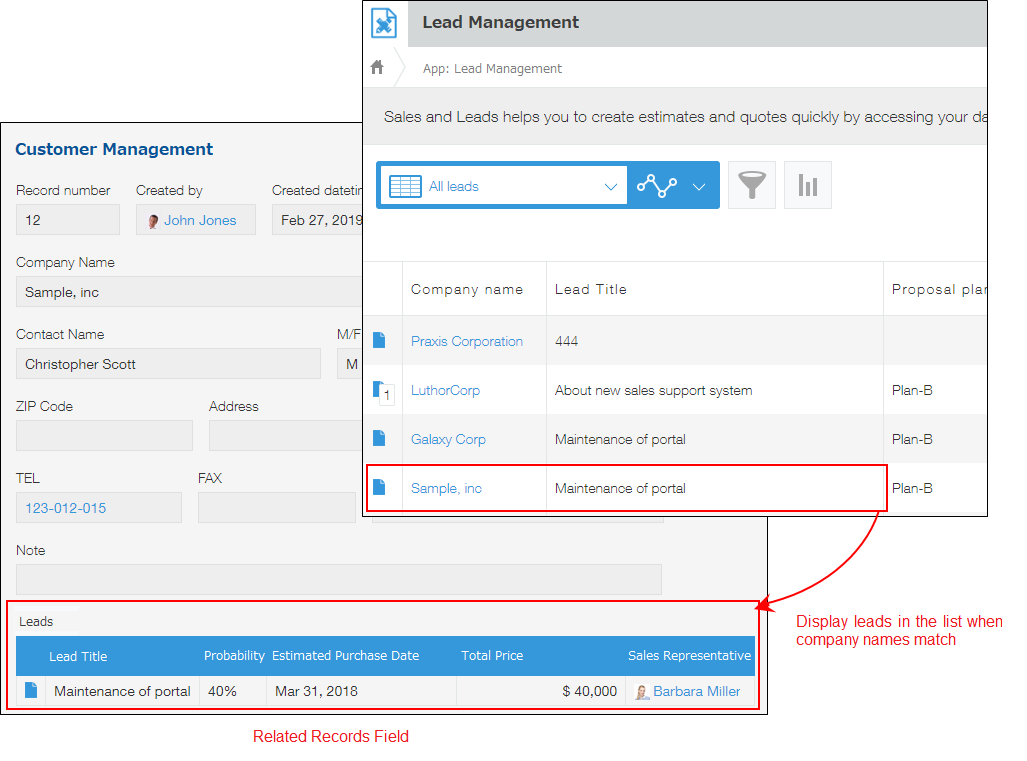 Screenshot: Records in the Lead Management app are displayed as a "Related records" field 