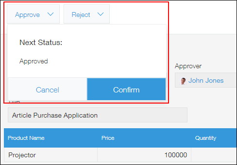 Screenshot: Performing an action to proceed to the next status